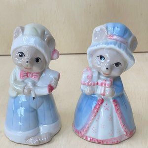 Vintage Porcelain Figurine 4.5” x 2.5” Bells Mouse Mice Bonnet Presents
